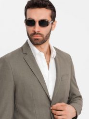 Męska elegancka marynarka SLIM FIT z rayonem – oliwkowa V5 OM-BLZB-0135 - XXL. Zielone marynarki męskie Ombre Clothing, bez wzorów, z materiału. Za 359.99 zł.