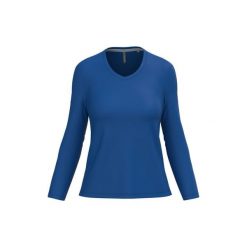 Damska koszulka z długim rękawem i dekoltem w serek Kariban. Niebieskie t-shirty damskie KARIBAN, xl, bez wzorów, z bawełny, bez kołnierzyka. Za 111.00 zł.