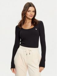 Guess Bluzka V4BP07 K8RT2 Czarny Rib Fit. Czarne bluzki damskie Guess, xxs, z aplikacjami, z wiskozy, bez ramiączek. Za 119.99 zł.