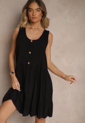 Czarna Rozkloszowana Sukienka z Bawełny Zdobiona Guzikami Iffanise. Czarne sukienki damskie Renee, na co dzień, l, z aplikacjami, z bawełny, eleganckie, bez kołnierzyka, bez ramiączek, mini, rozkloszowane. W wyprzedaży za 34.99 zł.
