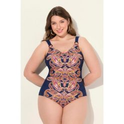 Damski Kostium kąpielowy wzór paisley miękkie miseczki z recyklingu. Niebieskie stroje jednoczęściowe damskie Ulla Popken, plus size, bez wzorów, plus size. Za 244.99 zł.