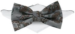 Męska Mucha w Komplecie z Poszetką - Chattier - Popiel, Brązowe Kwiaty. Szare krawaty i muchy męskie Chattier, bez wzorów, eleganckie. Za 65.00 zł.