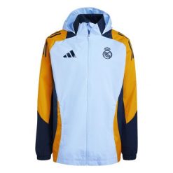Kurtka dresowa zewnętrzna Real Madrid 2024/25. Niebieskie kurtki męskie Adidas, bez wzorów, z dresówki, sportowe, bez kaptura. W wyprzedaży za 345.50 zł.
