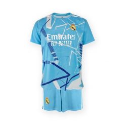 Zestaw dziecięcy koszulka + spodenki bramkarskie Real Madryt. Niebieskie bluzki sportowe damskie Real Madrid, z materiału, bez kołnierzyka, bez ramiączek. Za 301.30 zł.