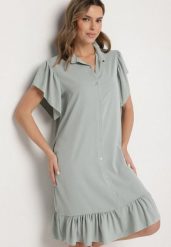 Jasnozielona Sukienka Koszulowa z Guzikami i Falbankami Tenalena. Zielone sukienki damskie Born2be, na co dzień, bez wzorów, eleganckie, bez kołnierzyka, bez ramiączek, koszulowe. Za 79.99 zł.