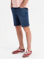Męskie szorty z gumką w pasie i efektem sprania – niebieskie V2 OM-SRDS-0192 - XXL. Niebieskie szorty męskie Ombre Clothing, z bawełny, bez kołnierzyka. W wyprzedaży za 99.99 zł.