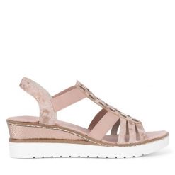 Sandały Rieker. Czerwone sandały damskie Rieker, bez wzorów, bez obcasa, na koturnie. Za 269.99 zł.