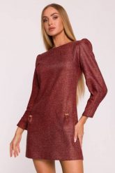 Elegancka sukienka tweedowa trapezowa mini bordowa. Czerwone sukienki damskie MOE, do pracy, m, bez wzorów, z dzianiny, biznesowe, bez kołnierzyka, bez ramiączek, mini, dopasowane. Za 349.00 zł.