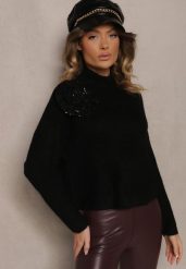 Czarny Golf z Wełną o Kroju Oversize z Kwiatem 3D i Cekinami Zolimi. Czarne golfy damskie Renee, l, z aplikacjami, z wełny, bez ramiączek. Za 119.99 zł.