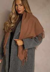 Jasnobrązowy Bawełniano-Wiskozowy Szalik w Kształcie Trójkąta z Frędzlami Vetisara. Brązowe szaliki i kominy damskie Renee, bez wzorów, z bawełny. Za 39.99 zł.