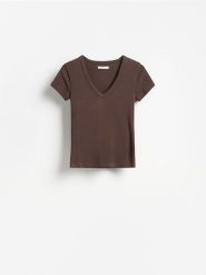 T-shirt z bawełną - brązowy. Brązowe t-shirty damskie Reserved, l, bez wzorów, z bawełny, bez kołnierzyka. Za 49.99 zł.