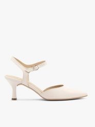 Kremowe ślubne czółenka slingback. Brązowe czółenka damskie Ryłko, bez wzorów, z gumy, bez obcasa. Za 399.99 zł.