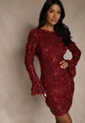 Bordowa Dopasowana Sukienka Ozdobiona Cekinami i Kwiatami 3D Raweda. Czerwone sukienki damskie Renee, na co dzień, na wiosnę, m, bez wzorów, z poliesteru, bez kołnierzyka, bez ramiączek, midi, dopasowane. Za 239.99 zł.