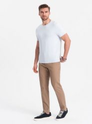 Spodnie męskie chino SLIM FIT - jasnobrązowe V2 OM-PACP-0186 - XXL. Brązowe spodnie materiałowe męskie Ombre Clothing, bez wzorów, z bawełny. W wyprzedaży za 149.99 zł.