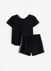 T-shirt i szorty z mieszanki bawełny organicznej (2 części). Czarne koszulki dziewczęce bonprix, bez wzorów, z bawełny, bez ramiączek. Za 79.99 zł.