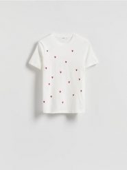 T-shirt regular z drobnym haftem - biały. Białe t-shirty damskie Reserved, l, bez wzorów, z bawełny, bez kołnierzyka. Za 49.99 zł.