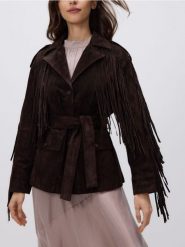 Zamszowy płaszcz z frędzlami - ciemnobrązowy. Brązowe płaszcze damskie Reserved, l, bez wzorów, ze skóry. Za 999.99 zł.