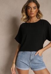 Czarna Bluzka w Stylu Nietoperza Fadeasia. Czarne bluzki damskie Renee, l, bez wzorów, bez kołnierzyka, bez ramiączek. Za 49.99 zł.