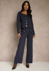Granatowy Elegancki Komplet z Dzianiny z Wiskozą Kardigan i Spodnie Delinavea. Niebieskie spodnie materiałowe damskie Renee, z aplikacjami, z dzianiny, eleganckie. Za 239.99 zł.