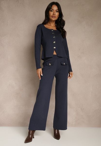Granatowy Elegancki Komplet z Dzianiny z Wiskozą Kardigan i Spodnie Delinavea. Niebieskie spodnie materiałowe damskie Renee, z aplikacjami, z dzianiny, eleganckie. Za 239.99 zł.