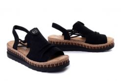RIEKER V7972-00 black, sandały damskie. Czarne sandały damskie Rieker, bez wzorów, bez obcasa, na koturnie. Za 319.90 zł.