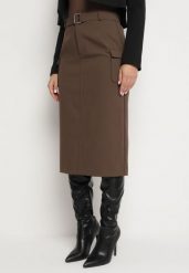 Brązowa Spódnica z Wiskozą Paskiem i Kieszeniami z Klapami Talabria. Brązowe spódniczki damskie Born2be, s, bez wzorów, z wiskozy, eleganckie, midi. Za 49.99 zł.
