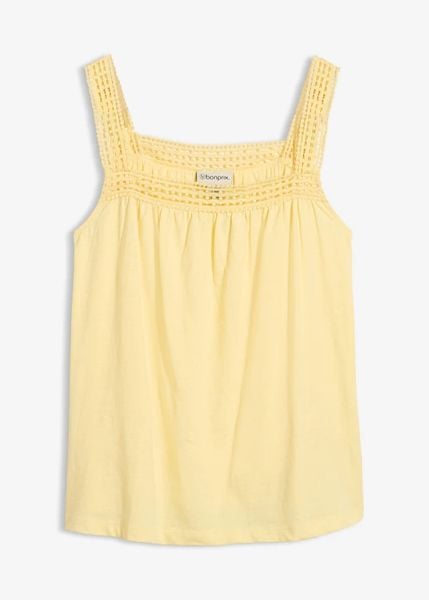 Luźniejszy top z czystej bawełny. Żółte topy damskie bonprix, bez wzorów, z bawełny, bez kołnierzyka. Za 49.99 zł.