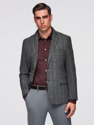 Elegancka męska marynarka w kratkę z domieszką wełny – szara V1 - Rozmiar: XL. Szare marynarki męskie Ombre Clothing, bez wzorów, z materiału. Za 459.99 zł.