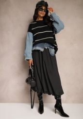 Czarna Spódnica o Kroju Bombki z Jeansową Talią i Kieszeniami Ansarise. Czarne spódniczki damskie Renee, s, bez wzorów, z jeansu, eleganckie, midi, bombki. Za 79.99 zł.