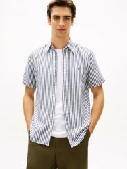 Tommy Hilfiger koszula z krótkim rękawem z lnu Mężczyźni Regular Fit Bawełna czarny, M. Czarne koszule męskie Tommy Hilfiger, na lato, m, bez wzorów, z bawełny, bez kołnierzyka, bez ramiączek. Za 329.95 zł.