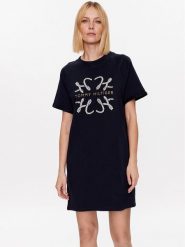 Tommy Hilfiger Sukienka dzianinowa WW0WW38629 Granatowy Relaxed Fit. Niebieskie sukienki damskie Tommy Hilfiger, xs, bez wzorów, z bawełny, bez kołnierzyka, bez ramiączek. Za 399.99 zł.