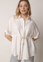 Jasnobeżowa Nietoperzowa Koszula Safari z Lnem i Wiskozą ze Ściągaczem w Pasie Mezriss. Brązowe koszule damskie Born2be, uniwersalny, bez wzorów, z wiskozy, biznesowe, bez kołnierzyka, bez ramiączek. Za 99.99 zł.