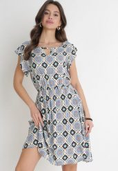 Niebiesko-Czarna Bawełniana Sukienka Mini z Gumką w Talii Caara. Niebieskie sukienki damskie Born2be, l, bez wzorów, z bawełny, bez kołnierzyka, bez ramiączek, mini. W wyprzedaży za 39.99 zł.