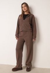 Brązowy Komplet Dresowy z Prążkowanej Dzianiny Szerokie Spodnie i Bluza z Kapturem Sinoh. Brązowe bluzy z kapturem damskie Born2be, l, z dresówki. Za 169.99 zł.