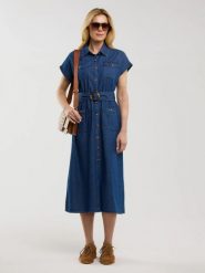 Sukienka damska midi jeansowa z paskiem granatowa Bailey 361. Niebieskie sukienki damskie Big Star, l, bez wzorów, z denimu, retro, bez kołnierzyka, bez ramiączek, midi, rozkloszowane. Za 299.99 zł.