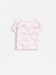 Bawełniany t-shirt we wzory - złamana biel. Koszulki dziewczęce Reserved, m, bez wzorów, z bawełny, bez ramiączek. Za 27.99 zł.