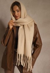 Beżowy Szalik Ozdobiony Frędzlami Owedela. Brązowe szaliki i kominy damskie Renee, bez wzorów, z jeansu. Za 44.99 zł.