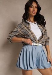 Niebieskie Szorty Bombka z Wiskozą Koliana. Niebieskie szorty damskie Renee, bez wzorów, z wiskozy, eleganckie, z podwyższonym stanem. Za 74.99 zł.