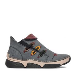 Botki Rieker. Niebieskie botki damskie Rieker, bez obcasa, na płaskiej podeszwie, bez zapięcia. Za 349.99 zł.