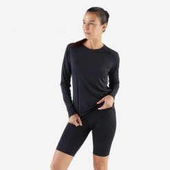 Koszulka do biegania z długim rękawem damska Kiprun Sun Protect. Czarne t-shirty damskie KALENJI, l, bez wzorów, z bawełny, bez kołnierzyka. Za 49.99 zł.