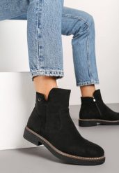 Czarne Botki na Płaskiej Podeszwie z Ozdobnymi Przeszyciami Harirae. Czarne botki damskie Renee, z jeansu, eleganckie, z okrągłym noskiem, bez obcasa, na płaskiej podeszwie, bez zapięcia. Za 94.99 zł.