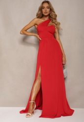 Czerwona Sukienka o Rozkloszowanym Kroju na Jedno Ramię z Głębokim Rozcięciem Efiela. Czerwone sukienki damskie Renee, na imprezę, m, bez wzorów, eleganckie, bez kołnierzyka, bez ramiączek, maxi, asymetryczne. W wyprzedaży za 132.99 zł.