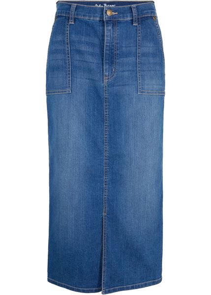 Spódnica dżinsowa z rozcięciem. Niebieskie spódniczki damskie bonprix, bez wzorów, midi. Za 54.99 zł.