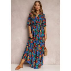 Niebiesko-Zielona Sukienka z Wiskozy Lylian. Niebieskie sukienki damskie Renee, na lato, l, z aplikacjami, z wiskozy, eleganckie, bez kołnierzyka, bez ramiączek, maxi, kopertowe. W wyprzedaży za 69.99 zł.