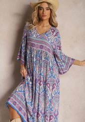 Niebiesko-Fioletowa Rozkloszowana Sukienka we Wzór Paisley z Rękawem 3/4 Briarwa. Niebieskie sukienki damskie Renee, l, bez wzorów, eleganckie, bez kołnierzyka, bez ramiączek, maxi, rozkloszowane. W wyprzedaży za 69.99 zł.