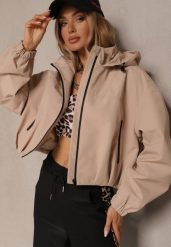Beżowa Kurtka Oversize w Sportowym Stylu z Kapturem i Ściągaczem w Pasie Volnea. Brązowe kurtki damskie Renee, m, bez wzorów, z jeansu, z kapturem. Za 179.99 zł.