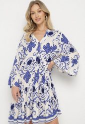 Niebieska Wiskozowa Sukienka o Rozkloszowanym Kroju w Ornamentalny Wzór Pasluna. Niebieskie sukienki damskie Born2be, na co dzień, l, bez wzorów, z jeansu, eleganckie, bez kołnierzyka, bez ramiączek, mini, rozkloszowane. W wyprzedaży za 95.99 zł.