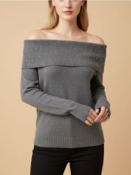 Sweter z dżetami i dekoltem typu łódka z domieszką wełny - szary. Szare swetry klasyczne damskie Sinsay, l, z wełny, bez kołnierzyka. Za 49.99 zł.