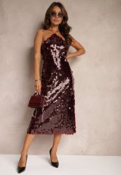 Bordowa Cekinowa Sukienka o Asymetrycznym Fasonie z Ozdobnym Wiązaniem na Plecach Leriseli. Czerwone sukienki damskie Renee, z aplikacjami, eleganckie, z asymetrycznym kołnierzem, bez ramiączek, midi, asymetryczne. W wyprzedaży za 83.99 zł.