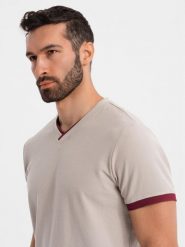 T-shirt męski z kontrastowymi wstawkami i dekoltem w serek – beżowy V2 OM-TSCT-0198 - XXL. Brązowe t-shirty męskie Ombre Clothing, l, bez wzorów, z dzianiny, bez kołnierzyka. Za 77.99 zł.